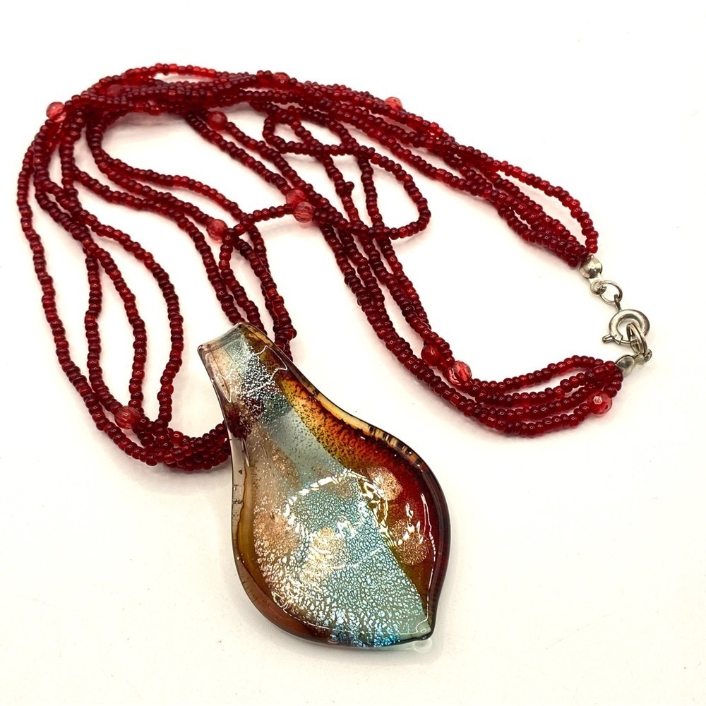 Art Glass Pendant Red Seed Beads Necklace Artisan Made